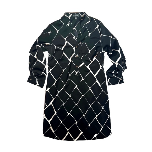 Black & White Modern Print Button Long Sleeve Dress - Picture 1 of 4